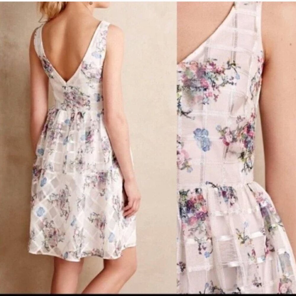 Maeve Anthropologie Peony Garden Mini Dress Women's 10 Floral V Neck Coquette